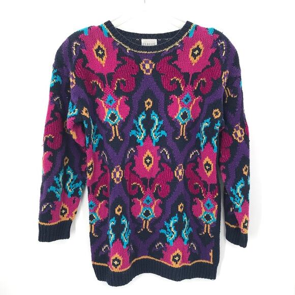 Preferred Classix Vintage Hand Knitted Pullover Sweater Bold Floral Print Gold M - Picture 3 of 9